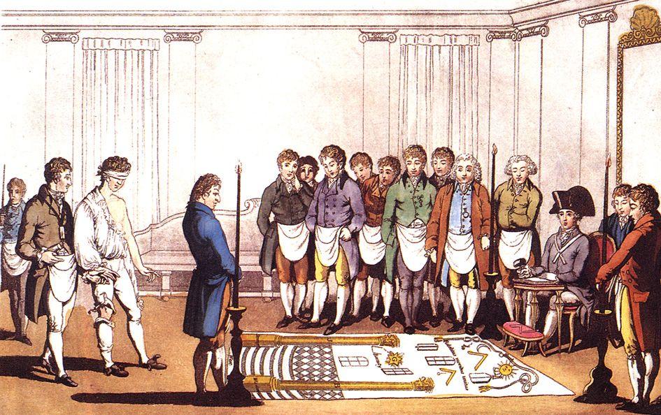 Masonic lodge with Brethren gathered around Masonic Tracing Board.